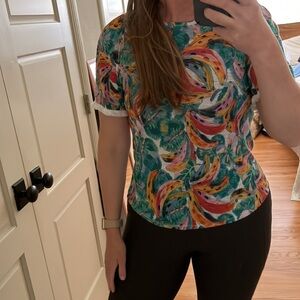 Chico's Linen Fringe Elbow Sleeve Tropical Banana Print Tee Top 00 xs